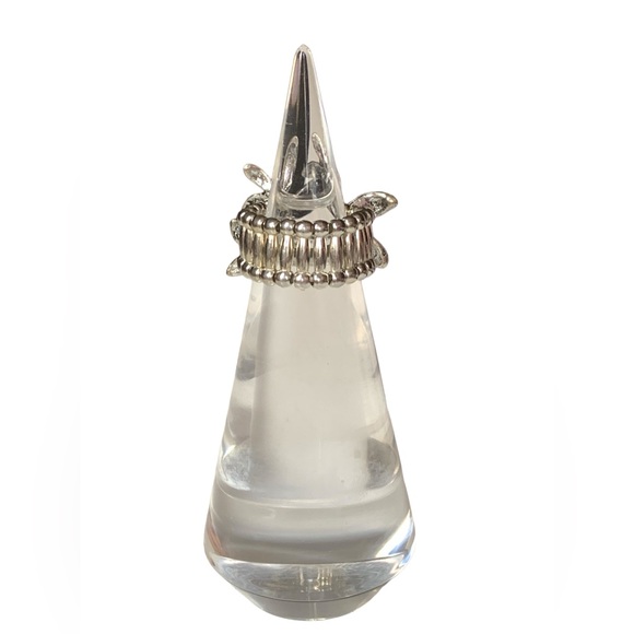 Turquoise Blue Silver Plated Clear Rhinestone  Flower Stretch Band Fashion Ring - Picture 5 of 8